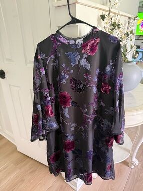 Sheer Black Floral Tunic with Violet and Magenta Blooms